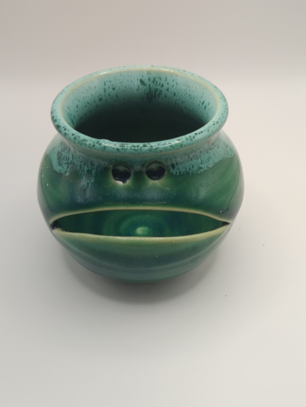 Signed Studio Pottery Funny Face Green Ceramic Egg Separator